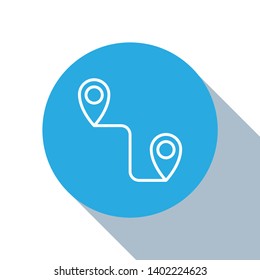 Flat blue circle illustration with long shadow Route location vector icon. Concept of path or road