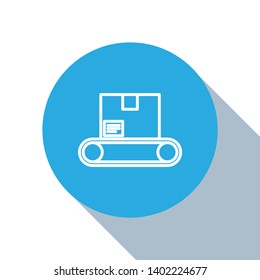 Flat blue circle illustration with long shadow Conveyor Belt Icon