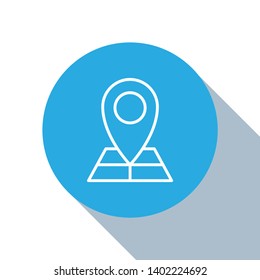 Flat blue circle illustration with long shadow Point on the map. Destination element.