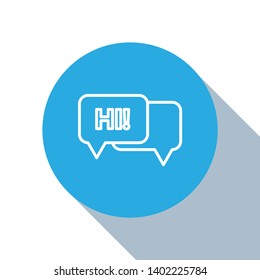 Flat blue circle illustration with long shadow Chat Icon. Speech bubble symbol for your web site design