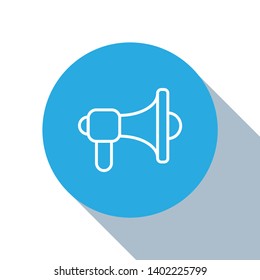 Flat blue circle illustration with long shadow Megaphone, loudspeaker, mouthpiece symbol icon.
