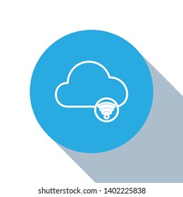 Flat blue circle illustration with long shadow Online cloud icon. Cloud computing contour symbol.