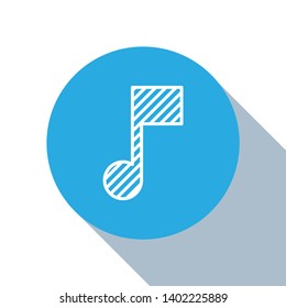 Flat blue circle illustration with long shadow Music icon vector. Melody, song, note, sound, audio sign