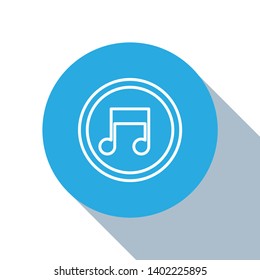 Flat blue circle illustration with long shadow Music icon vector. Melody, song, note, sound, audio sign