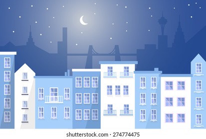 Flat blue city buildings in the full moon night with silhouettes behind them, horizontal look