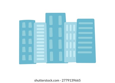 Flat blue city landscape with simple urban skylineview. Minimal townscape of contemporary buildings and tall skyscrapers forms a clean downtown cityview. Abstract metropolis background for web banner