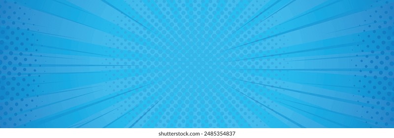 Flat blue comic style design background. Template with rays, Pop art comic background lightning blast halftone dots. Comic speech bubble and effect in pop