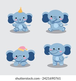 flat blue cute elephant cartoon set design three