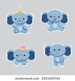 flat blue cute elephant cartoon set design