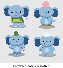 flat blue cute elephant cartoon set design two