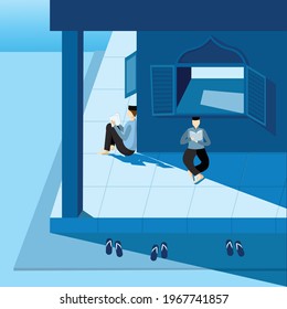 Flat blue design, people read  a Quran in the mosque
