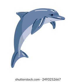 Flat blue dolphin. Cute dolphin is jumping on a white. Oceanic aquatic animal is a dolphin. Vector flat or cartoon illustration isolated on a white background. Cute illustration of a marine animal