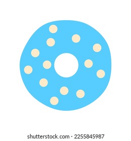 Flat blue donut decorated with circle sprinkles. Tasty baked unhealthy frosting dessert isolated on white background. Glazed doughnut top view art. Delicious junk food creative vector illustration.