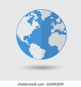 Flat Blue Earth Planet Icon on Gray Background
