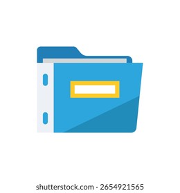 A flat, blue folder icon with a yellow label, white pages, and a binder spine, presented in a clean, minimalist, graphic style.