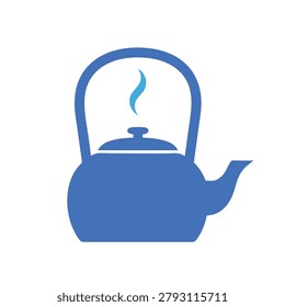 A flat blue graphic illustration of a teapot with steam rising representing hot beverages and kitchenware