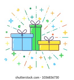 Flat blue, green and yellow Gift boxes vector.