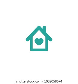 Flat blue home with heart. Simple silhouette of the house with roof and chimney. Icon isolated on white. Vector building symbol. friendly house. Home sweet home