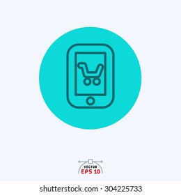 Flat blue icon of cart in cell phone.