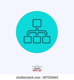 Flat blue icon of connected computers.