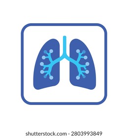 Flat blue icon depicting lungs with white branching airways, enclosed in a square frame. The style is simplified and graphic.