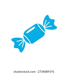 A flat, blue icon depicting a wrapped candy with twisted ends, commonly found in sweets.