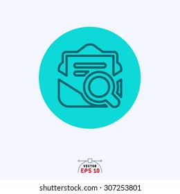 Flat blue icon of opened mail with magnifying glass. 

