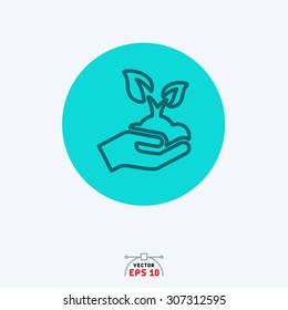 Flat blue icon of plant in hand.