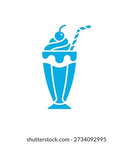 Eine flache, blaue Ikone, die einen klassischen Eisbecher mit Kirschen und einem Stroh darstellt.