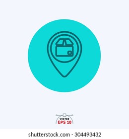 Flat blue icon of shop in map pin.