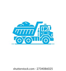 Un icono plano y azul muestra un camión volquete que transporta una carga completa de material.
