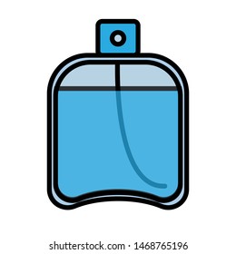 Flat blue icon is a simple fashionable glamorous cosmetics, glass bottle with perfume, adicolon, toilet water with a pleasant smell and beauty guidance. Vector illustration