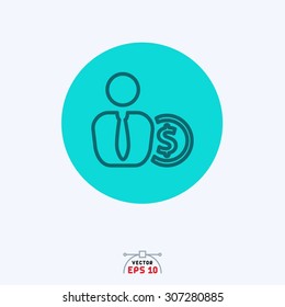 Flat blue icon of user with dollar coin.