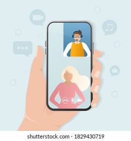 Flat blue icon. Video chat people, great design for any purposes. Cartoon character. Business design. Vector illustration.