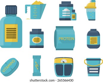 Flat blue icons collection of sport supplements set for sportsmen healthy nutrition and good growth.