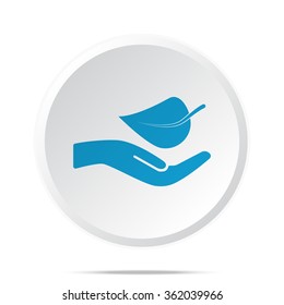 Flat blue Leaf In Hand icon on circle web button on white