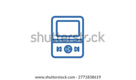 A flat, blue line art icon depicting a portable media player with play, pause, fast forward, and rewind control buttons. The icon is isolated on a white background.