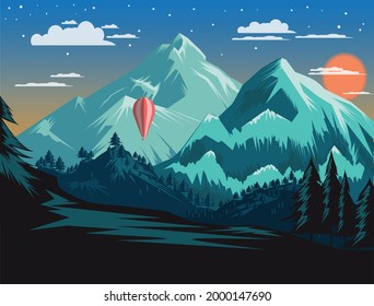 Flat Blue Montain Scenery Vector Illustration