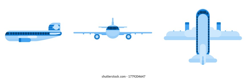flat blue passenger plane. different angles. flat style vector
