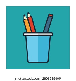 Flat of a blue pencil holder cup containing two colored pencils and one dark graphite pencil, office supply