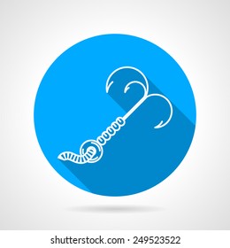 Flat blue round vector icon with white line triple hook on gray background. Long shadow design.