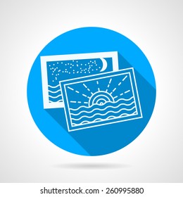 Flat blue round vector icon with white silhouette photo of summer leisure on gray background. Long shadow design