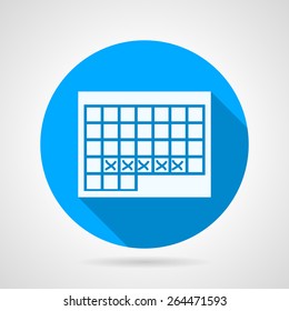 Flat blue round vector icon with white silhouette calendar for menstrual period on gray background. Long shadow design