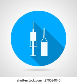 Flat blue round vector icon with white silhouette ampoule with liquid and syringe for medical injection on gray background. Long shadow design