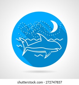 Flat blue round vector icon with white line shark floating in sea under the moon on white background.