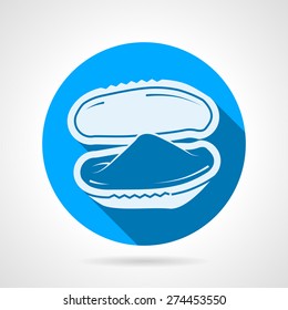 Flat blue round vector icon with white silhouette oyster for seafood menu on gray background. Long shadow design