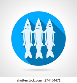Flat blue round vector icon with white silhouette three sardines on gray background. Long shadow design.