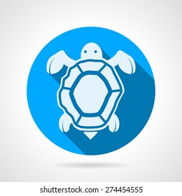 Flat blue round vector icon with white silhouette sea turtle on gray background. 