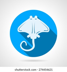 Flat blue round vector icon with white silhouette stingray on gray  background. Long shadow design