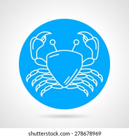 Flat blue round vector icon with white line crab on gray background. Seafood menu